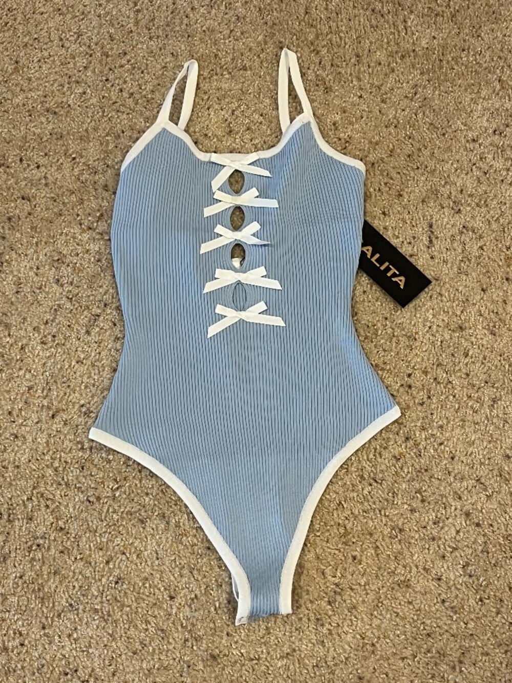NWT Women's Galita Fashion Blue w/ White Bows Bodysuit Size S